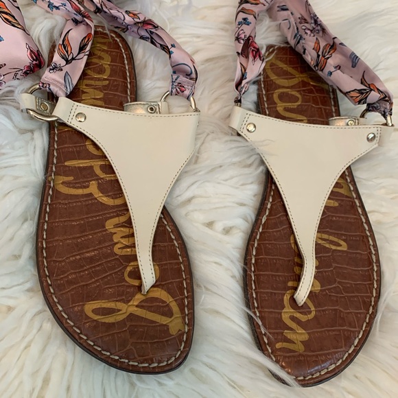 Sam Edelman Giliana Sandals - cream with Pink Floral wrap around silk satin tie - Picture 7 of 9